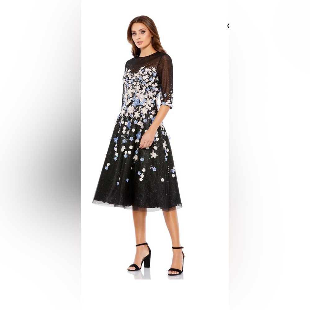 Mac Duggal Black Floral Embroidered Midi Dress